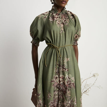 Emma Floral Midi Dress Green Linen Puff Sleeve Mock Neck Belted Elegant Sophisticated Vibrant Floral Print Button Fastening