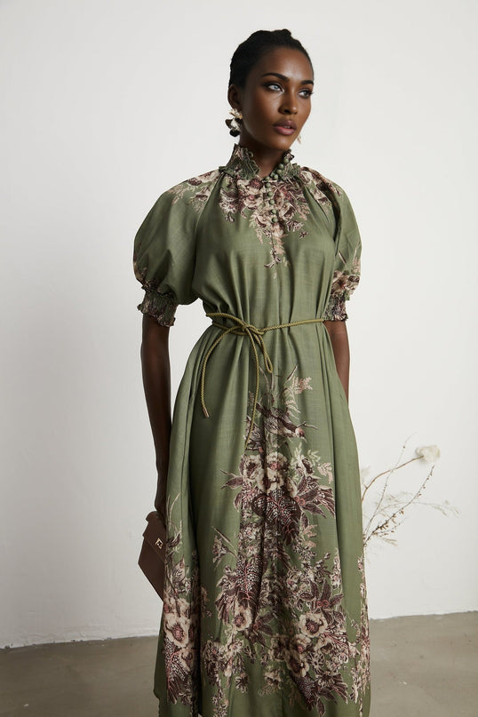 Emma Floral Midi Dress Green Linen Puff Sleeve Mock Neck Belted Elegant Sophisticated Vibrant Floral Print Button Fastening