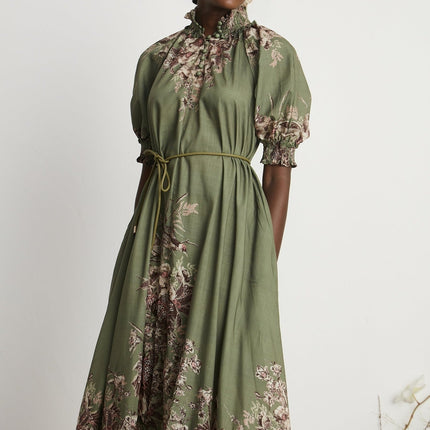 Emma Green Floral Midi Dress with Puff Sleeves and Mock Neck