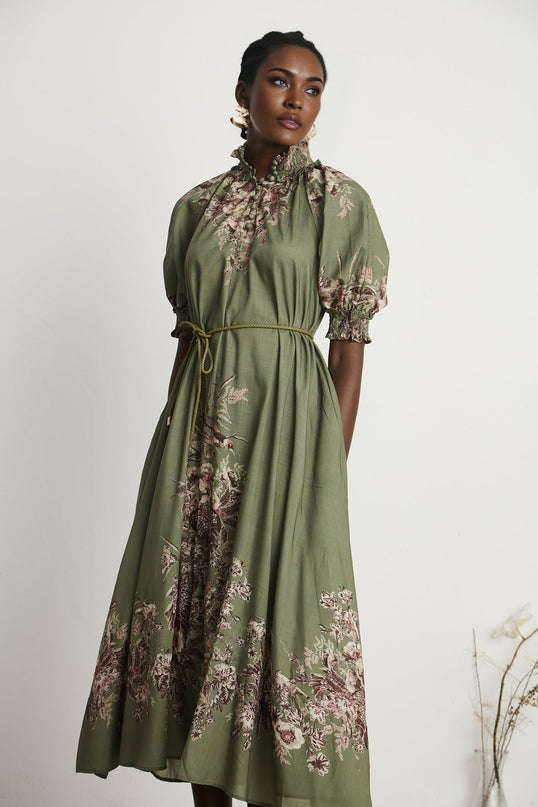Emma Green Floral Midi Dress with Puff Sleeves and Mock Neck