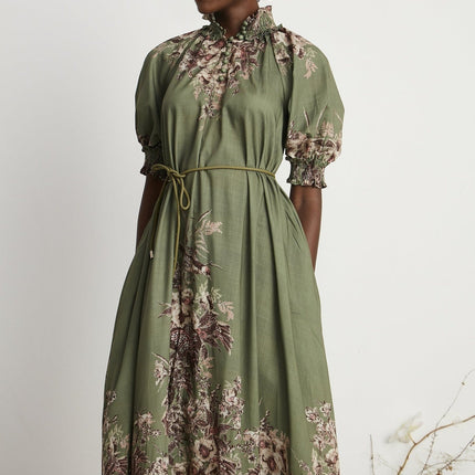 Emma Green Floral Midi Dress elegant puff sleeves mock neck gathered detailing belted silhouette vibrant floral-print pattern front button fastening midi length premium mixed linen composition