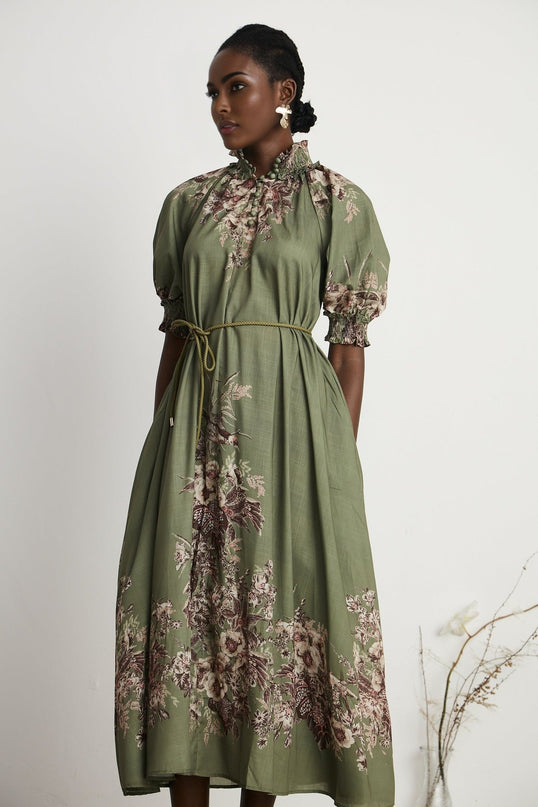 Emma Green Floral Midi Dress elegant puff sleeves mock neck gathered detailing belted silhouette vibrant floral-print pattern front button fastening midi length premium mixed linen composition
