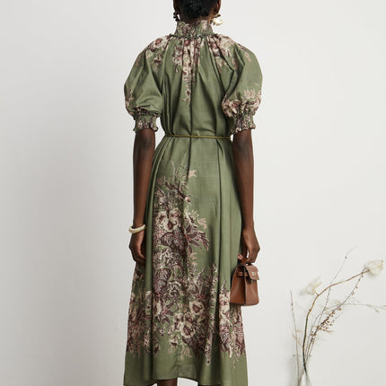 Emma Green Floral Midi Dress puff sleeves mock neck gathered detailing belted silhouette vibrant floral-print pattern front button fastening midi length premium composition mixed linen elegance sophistication charm grace luxury beauty sartorial treasure