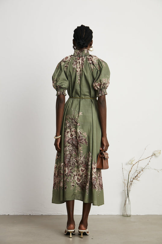 Emma Green Floral Midi Dress puff sleeves mock neck gathered detailing belted silhouette vibrant floral-print pattern front button fastening midi length premium composition mixed linen elegance sophistication charm grace luxury beauty sartorial treasure