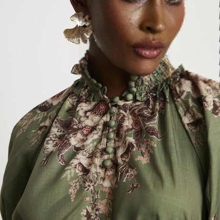 Emma Green Floral Midi Dress with Puff Sleeves and Mock Neck