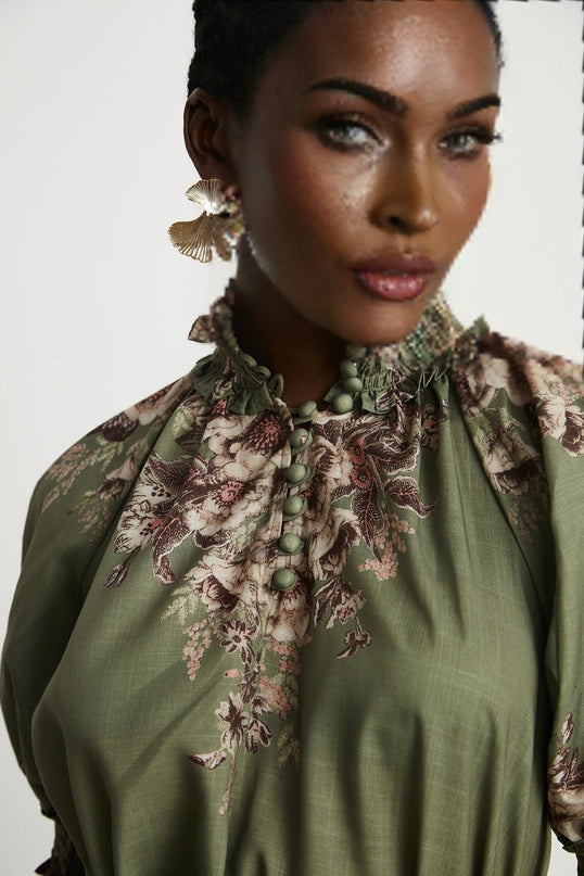 Emma Green Floral Midi Dress with Puff Sleeves and Mock Neck