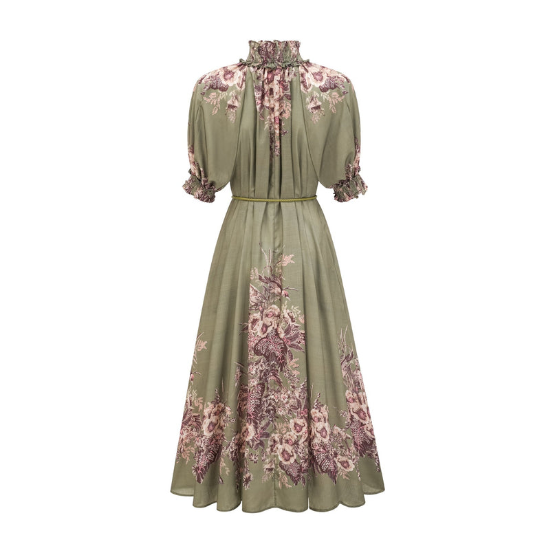 Emma Green Floral Midi Dress puff sleeves mock neck gathered belted silhouette vibrant floral-print pattern front button fastening midi length sartorial treasure premium composition mixed linen elegance sophistication charm grace luxury beauty