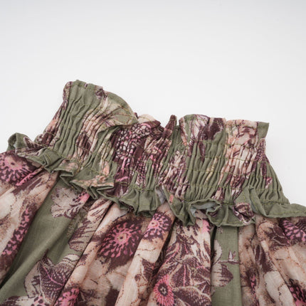 Emma Green Floral Midi Dress with Puff Sleeves and Mock Neck in 100% Mixed Linen