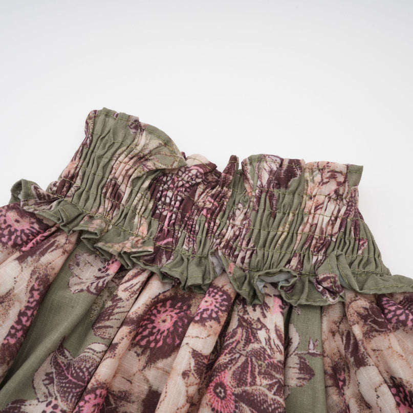 Emma Green Floral Midi Dress with Puff Sleeves and Mock Neck in 100% Mixed Linen