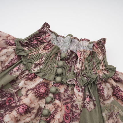 Emma Green Floral Midi Dress puff sleeves mock neck gathered detailing belted silhouette vibrant floral-print pattern front button fastening midi length premium mixed linen