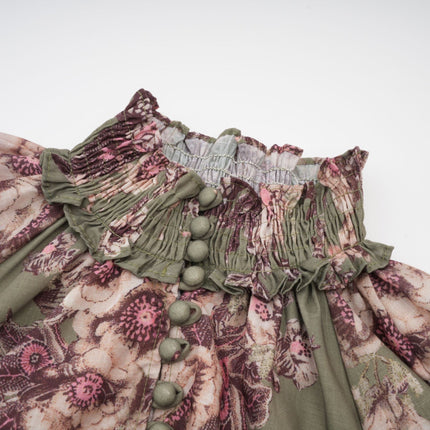 Emma Green Floral Midi Dress with Puff Sleeves and Mock Neck