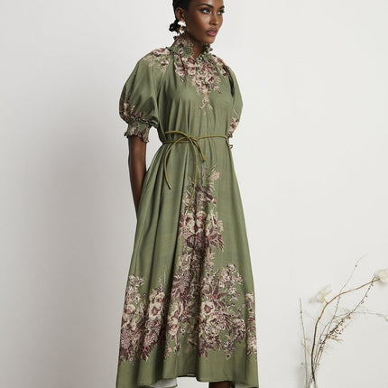 Emma Green Floral Midi Dress with Puff Sleeves and Mock Neck