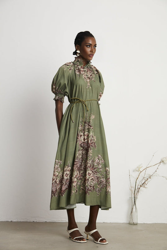 Emma Green Floral Midi Dress with Puff Sleeves and Mock Neck