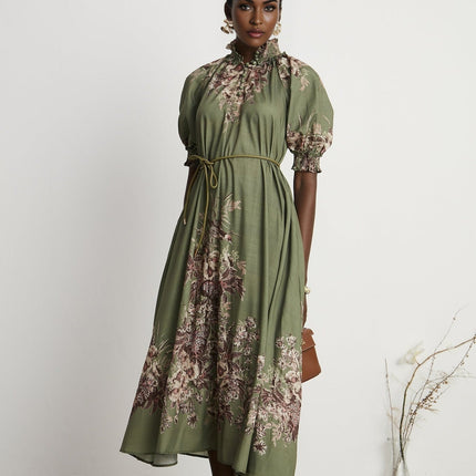 Emma Green Floral Midi Dress puff sleeves mock neck gathered detailing belted silhouette vibrant floral-print pattern front button fastening midi length premium composition mixed linen