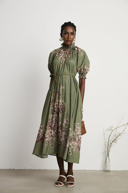 Emma Green Floral Midi Dress puff sleeves mock neck gathered detailing belted silhouette vibrant floral-print pattern front button fastening midi length premium composition mixed linen