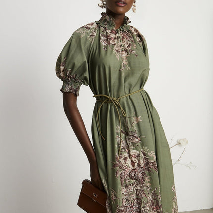 Emma Green Floral Midi Dress elegance sophistication puff sleeves mock neck charm grace gathered detailing belted silhouette luxury vibrant floral-print pattern mesmerizing look front button fastening midi length sartorial treasure premium composition mixed linen sophistication beauty wear
