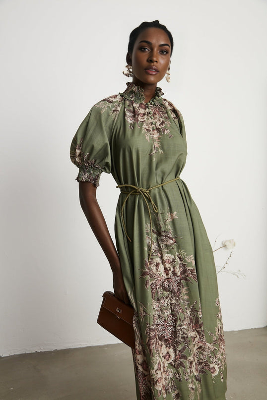Emma Green Floral Midi Dress elegance sophistication puff sleeves mock neck charm grace gathered detailing belted silhouette luxury vibrant floral-print pattern mesmerizing look front button fastening midi length sartorial treasure premium composition mixed linen sophistication beauty wear