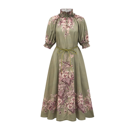 Emma Green Floral Midi Dress elegance sophistication puff sleeves mock neck gathered belted silhouette vibrant floral-print pattern luxury front button fastening midi length sartorial treasure premium composition mixed linen sophistication beauty