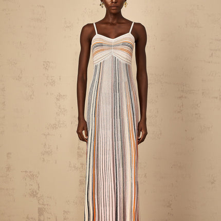 Emma Maxi Dress in Neutrals Sequined Stripes Metallic Accents Sweetheart Neckline Spaghetti Straps Knitted Construction Stripe Pattern Sequin Embellishments Metallic Threading Pleated Ruched Detailing Maxi Length Viscose Metallic Fiber Nylon Elastane
