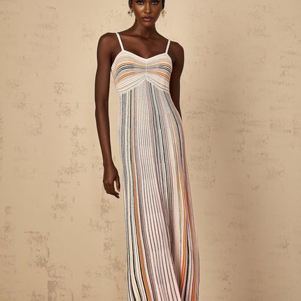 Emma Maxi Dress in Neutrals Sequined Stripes Metallic Accents Sweetheart Neckline Spaghetti Straps Knitted Construction Stripe Pattern Sequin Embellishments Metallic Threading Pleated Ruched Detailing Maxi Length Viscose Metallic Fiber Nylon Elastane