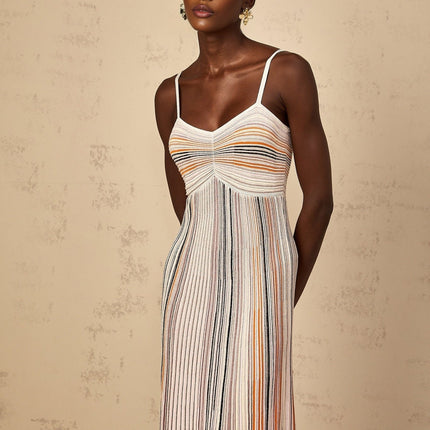 Emma Maxi Dress Neutrals Sequined Stripes Metallic Accents Sweetheart Neckline Spaghetti Straps Knitted Construction Stripe Pattern Sequin Embellishments Metallic Threading Pleated Ruched Detailing Maxi Length Viscose Metallic Fiber Nylon Elastane