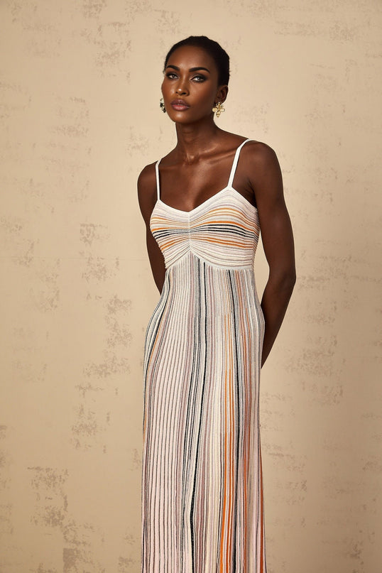 Emma Maxi Dress Neutrals Sequined Stripes Metallic Accents Sweetheart Neckline Spaghetti Straps Knitted Construction Stripe Pattern Sequin Embellishments Metallic Threading Pleated Ruched Detailing Maxi Length Viscose Metallic Fiber Nylon Elastane