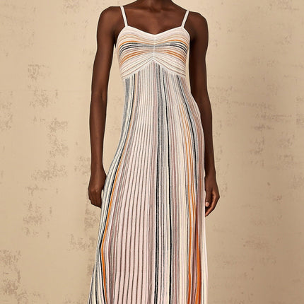 Emma Maxi Dress in Neutrals Sequined Stripes Metallic Accents Sweetheart Neckline Spaghetti Straps Knitted Construction Stripe Pattern Sequin Embellishments Metallic Threading Pleated Ruched Detailing Maxi Length Viscose Metallic Fiber Nylon Elastane