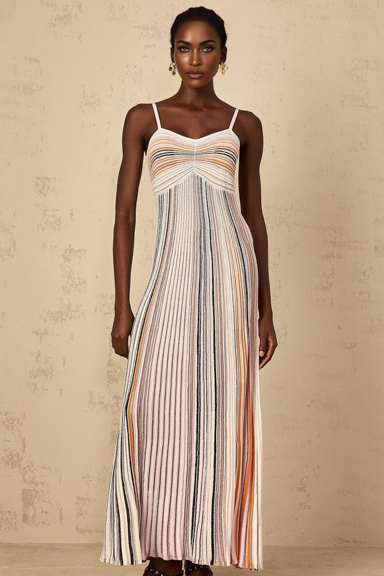 Emma Maxi Dress in Neutrals Sequined Stripes Metallic Accents Sweetheart Neckline Spaghetti Straps Knitted Construction Stripe Pattern Sequin Embellishments Metallic Threading Pleated Ruched Detailing Maxi Length Viscose Metallic Fiber Nylon Elastane