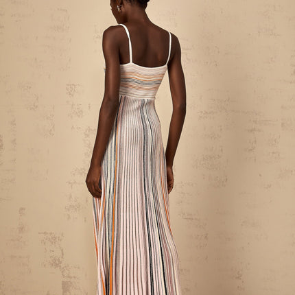Emma Maxi Dress Neutrals Sequined Stripes Metallic Accents Sweetheart Neckline Spaghetti Straps Knitted Construction Stripe Pattern Sequin Embellishments Metallic Threading Pleated Ruched Detailing Maxi Length Viscose Metallic Fiber Nylon Elastane
