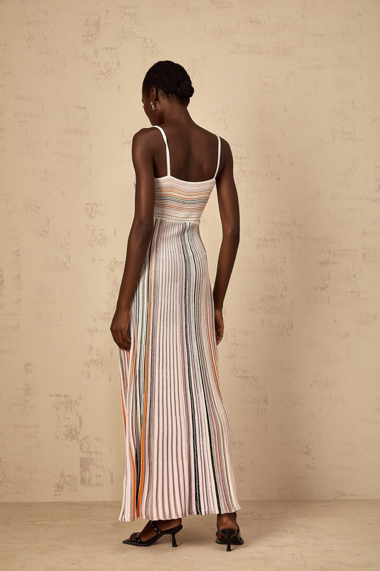 Emma Maxi Dress Neutrals Sequined Stripes Metallic Accents Sweetheart Neckline Spaghetti Straps Knitted Construction Stripe Pattern Sequin Embellishments Metallic Threading Pleated Ruched Detailing Maxi Length Viscose Metallic Fiber Nylon Elastane