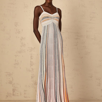 Emma Maxi Dress in Neutrals Sequined Stripes Metallic Accents Sweetheart Neckline Spaghetti Straps Knitted Construction Stripe Pattern Sequin Embellishments Metallic Threading Pleated Ruched Detailing Maxi Length Viscose Metallic Fiber Nylon Elastane
