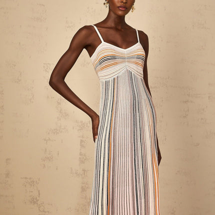 Emma Maxi Dress in Neutrals Sequined Stripes Metallic Accents Sweetheart Neckline Spaghetti Straps Knitted Construction Stripe Pattern Sequin Embellishments Metallic Threading Pleated Ruched Detailing Maxi Length Viscose Metallic Fiber Nylon Elastane