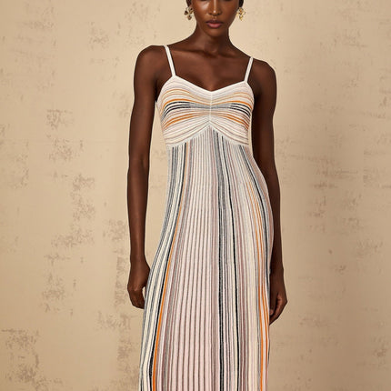 Emma Maxi Dress in Neutrals Sequined Stripes Metallic Accents Sweetheart Neckline Spaghetti Straps Knitted Construction Stripe Pattern Sequin Embellishments Metallic Threading Pleated Ruched Detailing Maxi Length Viscose Metallic Fiber Nylon Elastane