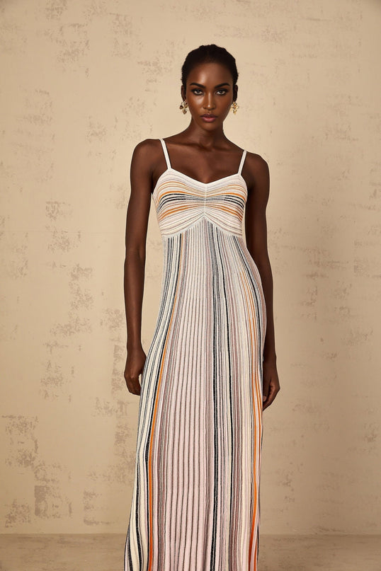 Emma Maxi Dress in Neutrals Sequined Stripes Metallic Accents Sweetheart Neckline Spaghetti Straps Knitted Construction Stripe Pattern Sequin Embellishments Metallic Threading Pleated Ruched Detailing Maxi Length Viscose Metallic Fiber Nylon Elastane