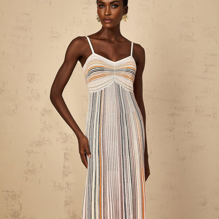 Emma Neutrals Sequin Striped Maxi Dress Metallic Accents Sweetheart Neckline Spaghetti Straps Knitted Construction Sparkling Embellishments Pleated Ruched Detailing Dramatic Silhouette Viscose Metallic Fiber Nylon Elastane