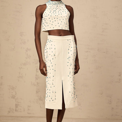 Emma Off-White & Blue Beaded Skirt Top Set