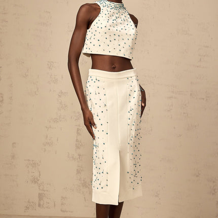 Emma Off-White & Blue Beaded Skirt Top Set