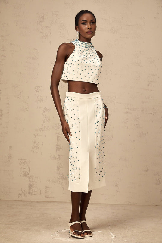 Emma Off-White & Blue Beaded Skirt Top Set