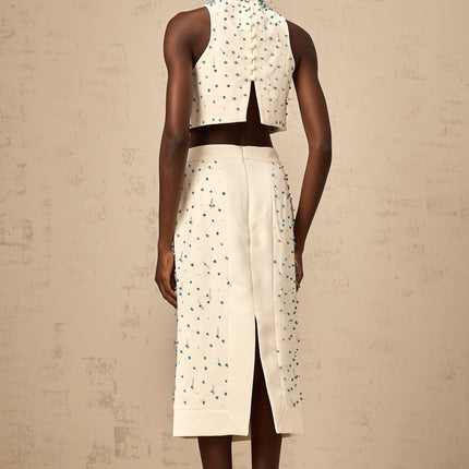 Emma Off-White & Blue Beaded Skirt Top Set