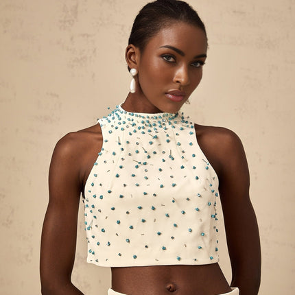 Emma Off-White & Blue Beaded Skirt Top Set