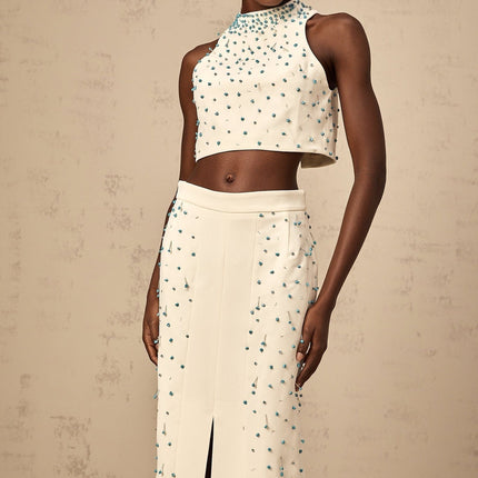 Emma Off-White & Blue Beaded Skirt Top Set