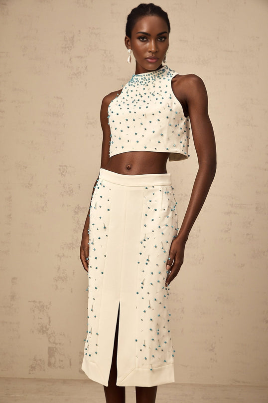 Emma Off-White & Blue Beaded Skirt Top Set