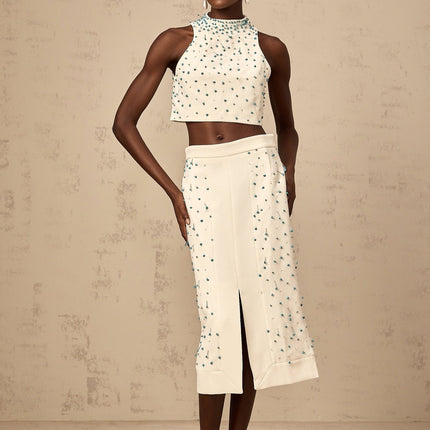 Emma Off-White & Blue Beaded Skirt Top Set