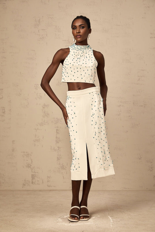 Emma Off-White & Blue Beaded Skirt Top Set
