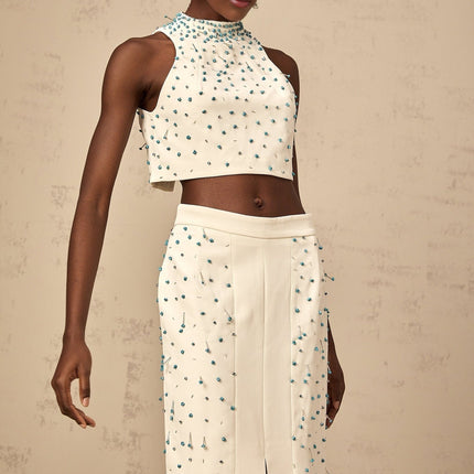 Emma Off-White & Blue Beaded Skirt Top Set