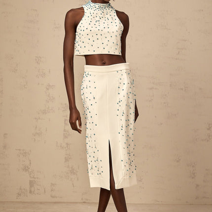 Emma Off-White & Blue Beaded Skirt Top Set