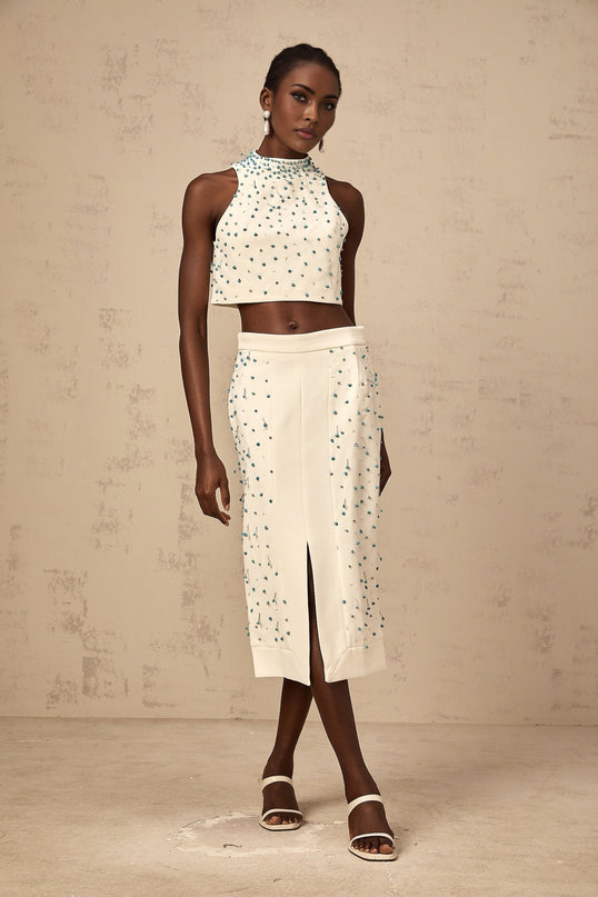 Emma Off-White & Blue Beaded Skirt Top Set
