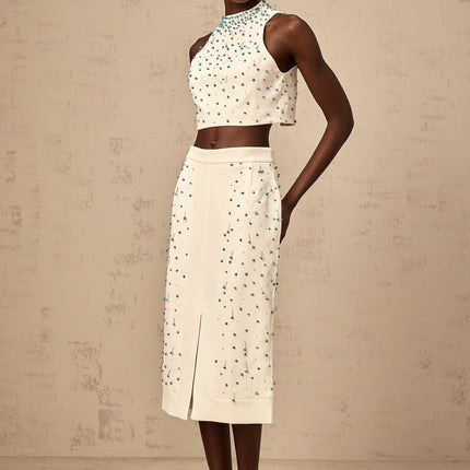 Emma Off-White & Blue Beaded Skirt Top Set