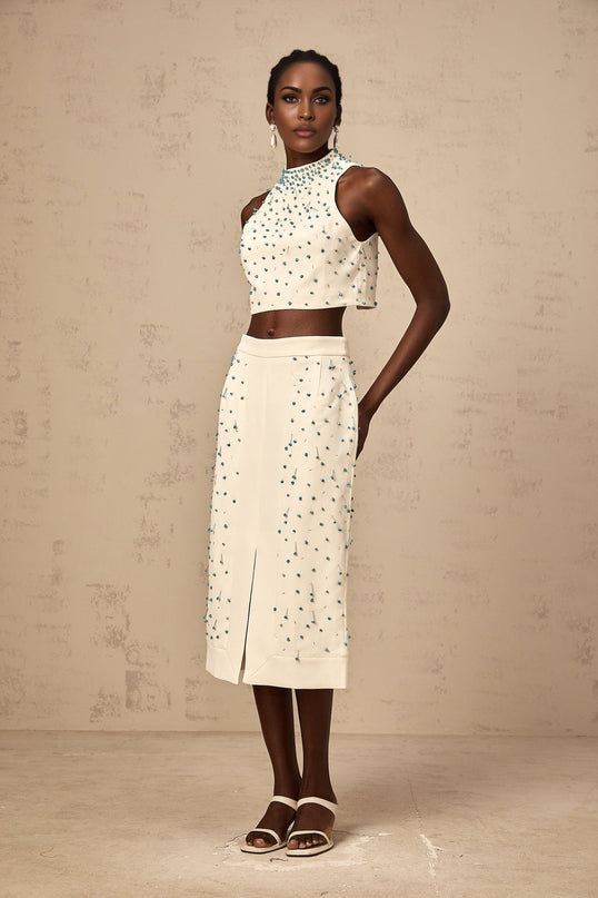 Emma Off-White & Blue Beaded Skirt Top Set