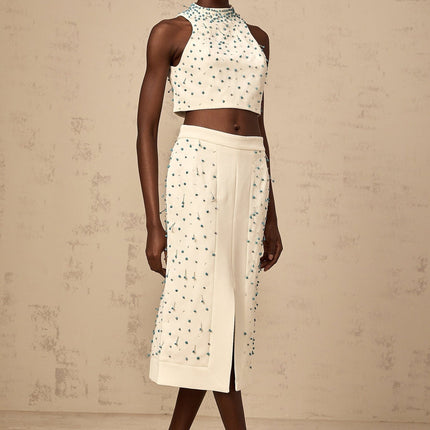 Emma Off-White & Blue Beaded Skirt Top Set